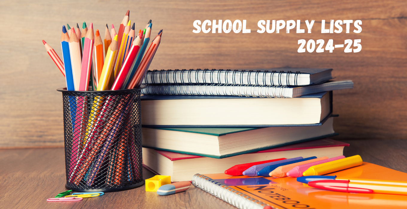 school supplies on a desk - links to School Supply Lists 2024-25